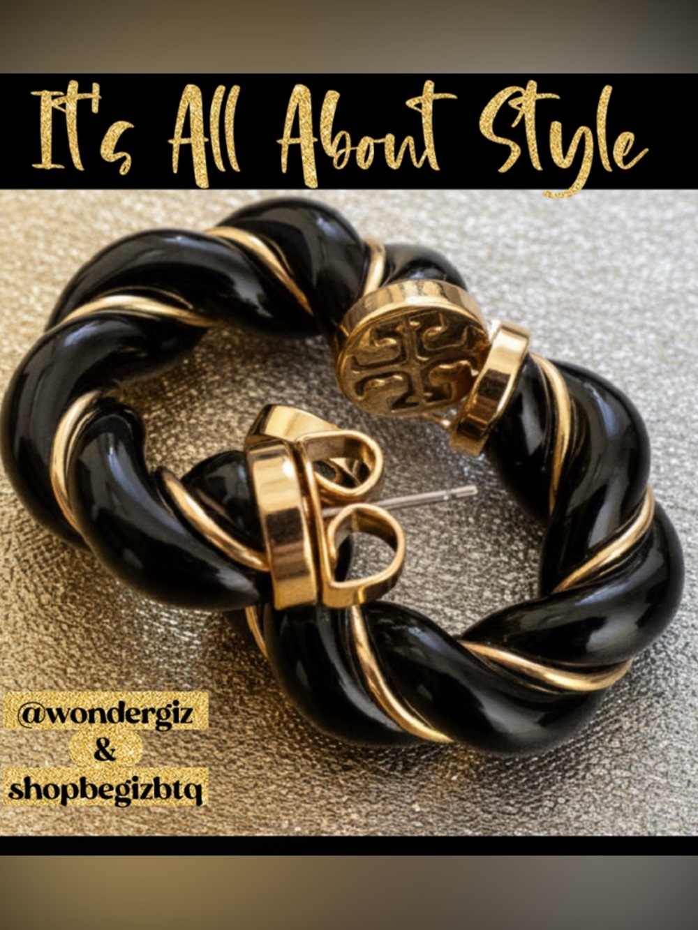 NWT Authentic Tory Burch Black and Gold Textured Rope Hoop Earrings - Picture 6 of 13